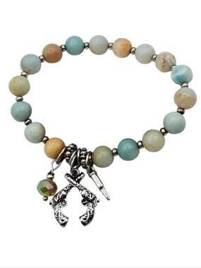Semi Precious Crossed Pistols & Bullet Beaded Stretch Bracelet